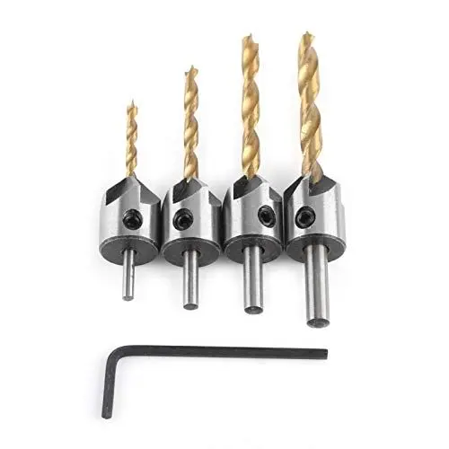 Produktbild: Senkbohrer Kohlenstoffstahl Zimmerei Bohrer mit Versenker für Holz Holzbohrer mit Senker für Bohren Fasen Entgraten(4-piece set + small wrench (3-6mm))