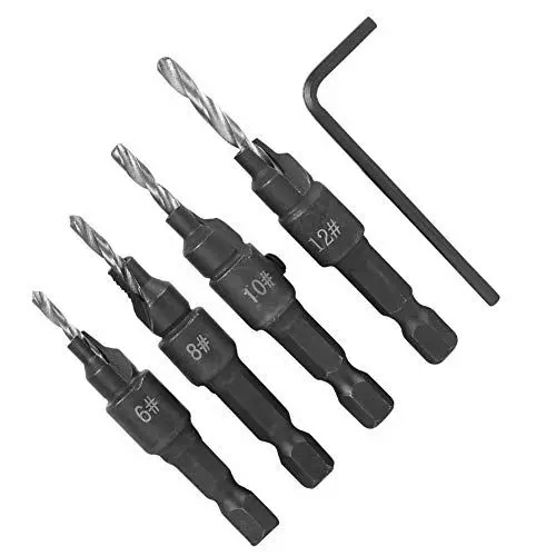 Produktbild: Senkbohrer für Holz, 4-teilig, Kohlenstoffstahl-Bohrer-Set, Sechskantschaft, Senker-Bohrer-Set, 6–12# Hartmetallbohrer, Metallbohrer-Set für Stahl mit Sechskantschlüssel