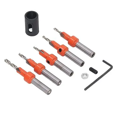 Produktbild: Senkbohrer-Set, Holz-Senkbohrer aus Kohlenstoffstahl, 5 Größen 2,8–4 Mm für Kiefer, Kunststoff, mit Sechskantschlüssel, Begrenzer, Kunststoffbox