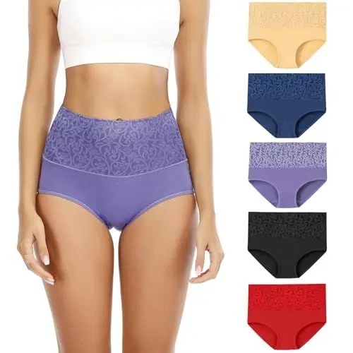 Produktbild: Senllori Damen-Unterwäsche, hohe Taille, Baumwolle, Bauchkontrolle, weiche volle Abdeckung 5 Pack Mehrfarbig Größe M