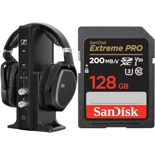 Produktbild: Sennheiser RS195-U Digitales Funkkopfhörersystem & SanDisk Extreme PRO SDXC UHS-I Speicherkarte 128 GB (V30