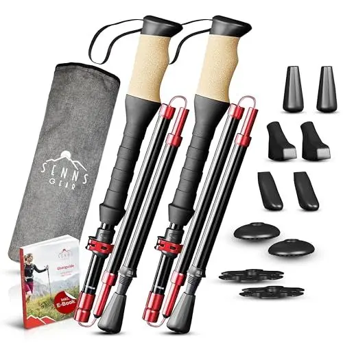 Produktbild: SENNS GEAR® Wanderstöcke faltbar Aluminium inkl. Tasche | Extra stabile Nordic Walking Stöcke Damen & Herren mit 5 Gummipuffer- Trekkingstöcke | Wanderstock mit Korkgriff & Griffverlängerung
