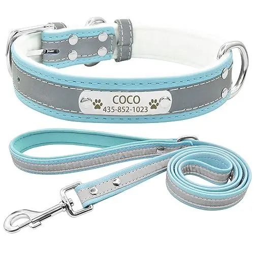 Produktbild: Senristar Personalisierte Reflektierende Hundehalsband und Leine Set,Benutzerdefinierte Eingraviert Warmes Futter Hundehalsband mit Namensschild für Kleine,Mittlere,Große Hunde & Katzen