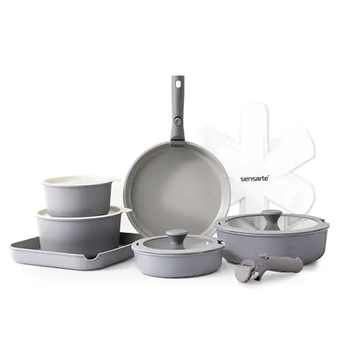 Produktbild: SENSARTE 17 Teiliges Keramik Topf und Pfannenset, Antihaft Kochgeschirr mit Abnehmbarem Griff, Induktionskochgeschirr mit Abnehmbarem Griff, Spülmaschinenfest, PFAS/PTFE/PFOA Frei (Grau)