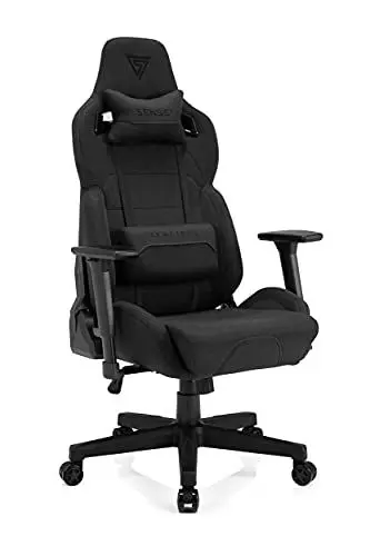 Produktbild: SENSE7 Gaming Stuhl Sentinel, ergonomischer Gaming Sessel mit verstellbaren Lendenkissen, einstellbarer Neigungswinkel, Gaming Chair mit Wippfunktion, Stoff Bürostuhl 150kg, PC Stuhl Schwarz