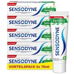 Produktbild: Sensodyne Sensitiv Fluorid Zahncreme, 5x 75ml, tägliche Zahnpasta, bei schmerzempfindlichen Zähnen
