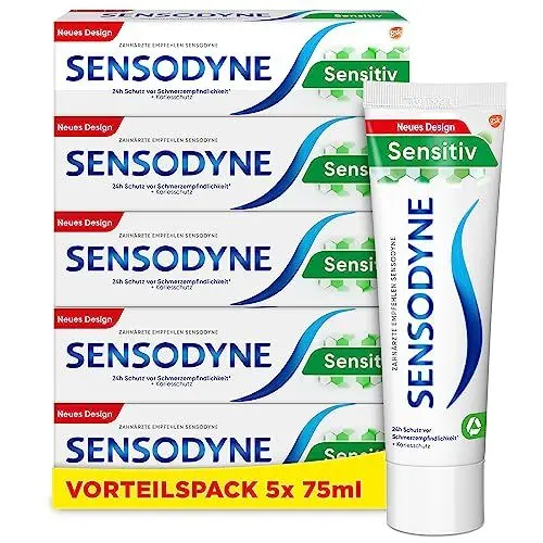 Produktbild: Sensodyne Sensitiv Fluorid Zahncreme, 5x 75ml, tägliche Zahnpasta, bei schmerzempfindlichen Zähnen