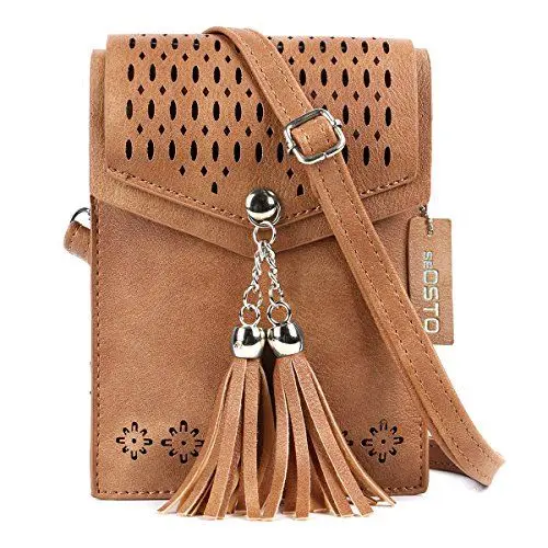 Produktbild: seOSTO Handytasche zum Umhaengen Damen,Handy Umhängetasche PU Leder Kleine Umhängetasche mit Quastenzubehör Schulterriemen Einstellbare Länge(Braun)