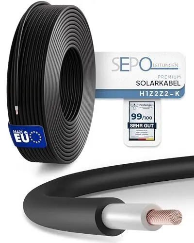 Produktbild: SEPO-Leitungen Solarkabel 4 mm² 10m – Solarleitung H1Z2Z2-K - Made in EU - Doppelt isoliert für Photovoltaik-Systeme – Längen von 5 bis 100 Metern (Schwarz - 10 Meter)