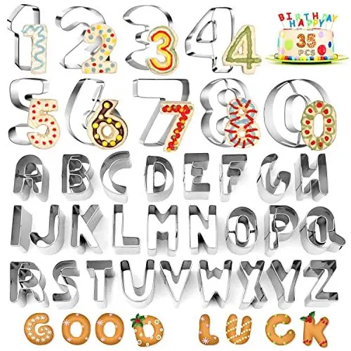 Produktbild: Septeamay 35 Stück Buchstaben und Zahlen Ausstecher für Fondant, Ausstechformen Set Edelstahl Plätzchenformen, Buchstaben Ausstecher für Kinder Ostern Sandwich Backen Kuchen Keks Dekoration