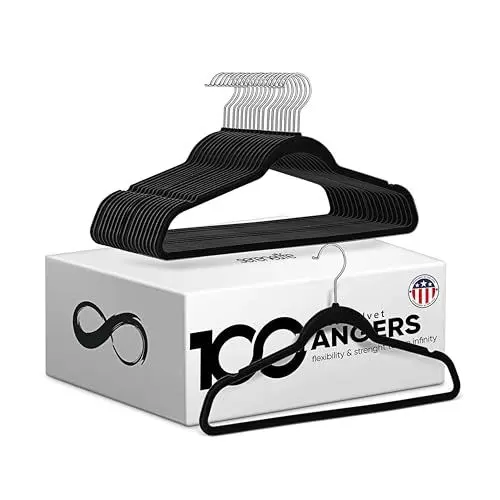 Produktbild: SereneLife 100 Kleiderbügel Schwarz & Rutschfest– Kleiderbügel Samt & Platzsparend mit drehbarem Haken, stark belastbar bis 4,5kg – für knitterfreie Kleideraufbewahrung & Organisation– Hangers Clothes