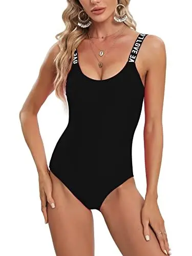 Produktbild: SERENYOU Damen Einteiler Badeanzug Mädchen Bauchweg Einteilige Bademode Alphabet Schulterriemen Figurformender Swimsuit Schwarz M