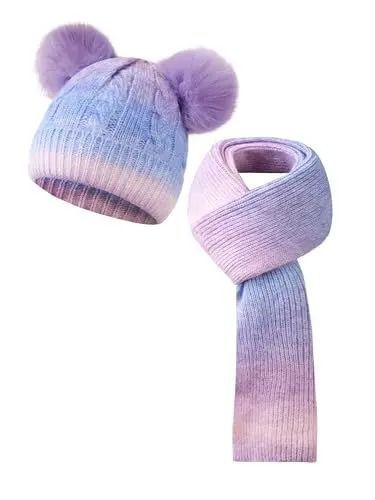 Produktbild: SERENYOU Kinder Winter Mütze Schal Set Jungen Mädchen Doppel Pompon Mütze mit dicken gestrickten warmen Schal Violett