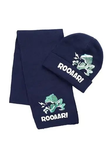 Produktbild: SERENYOU Wintermütze Schal Sets für Kinder Jungen Dinosaurier Strickmütze Warmer Strickschal 2 Stück Marineblau