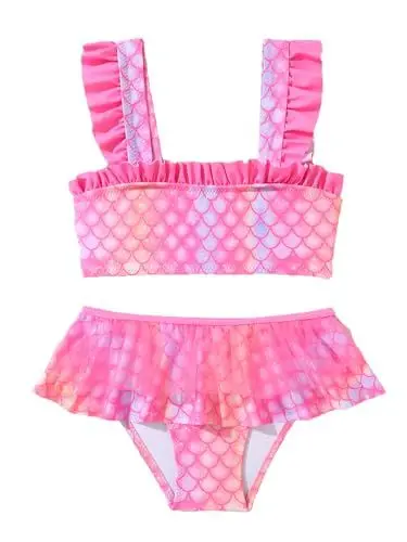 Produktbild: SERENYOU Mädchen Bikini Set Rüschen Bustier Bikinislip Meerjungfrau Zweiteiliger Badeanzug Rosa 122-128 (Herstellergröße 5-6)