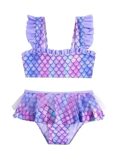 Produktbild: SERENYOU Mädchen Bikini Set Rüschen Bustier Bikinislip Meerjungfrau Zweiteiliger Badeanzug Violett 122-128 (Herstellergröße 5-6)