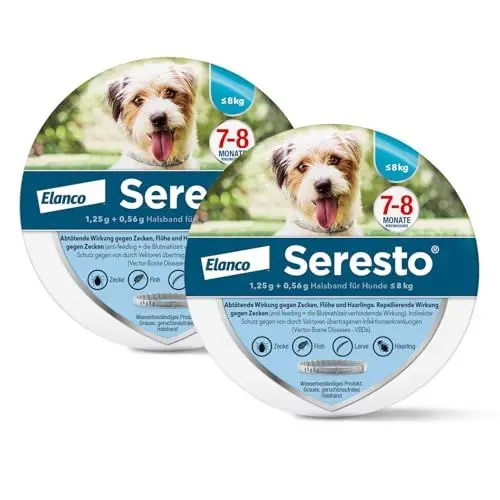 Produktbild: Seresto Halsband Sparset für kleine Hunde bis 8 kg: 7 bis 8 Monate wirksamer Schutz gegen Zecken und Flöhe, Länge 36 cm, 1,25 g + 0,56 g, 2 Halsbänder