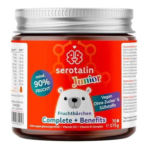 Produktbild: serotalin JUNIOR - PREMIUM Kinder Vitamine für clevere Kids - Leckere Fruchtbärchen mit 90% Fruchtanteil, Vitamin D3 + B-Komplex und Mineralien - 70 Stück für 1 Monat