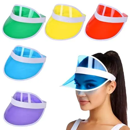 Produktbild: Sertay 5 Stück Unisex Sonnenvisier, Retro Neon Sonnenblenden, Transparente Schirmmütze, Neon Poker Hut, Neon Visier Hüte, 80er Jahre Sonnenvisier, Geeignet zum Radfahren, Laufen, Bergsteigen, Golfen