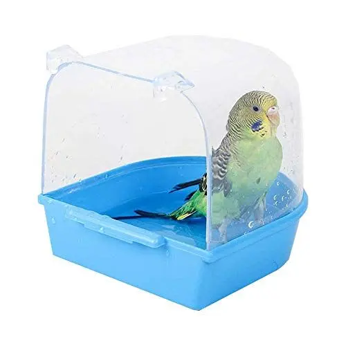 Produktbild: Sertay Papageien Badewanne, 13.8 * 13.4 * 14cm Papageien Badebox Vogelkäfig Zubehör, Vogelbadewanne, für Katzen, Finken, Wellensittiche, Weiße Pilze, Lerchen Und Kleine Vögel (Blau)