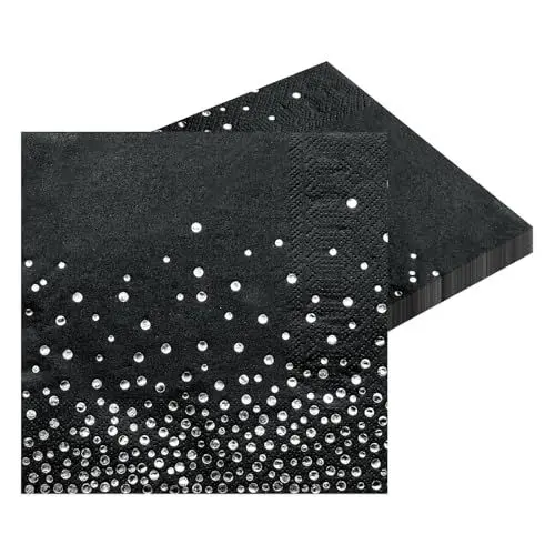 Produktbild: Servietten, 20 Stück Schwarz mit Gepunktete Silber Goldfolie Party Servietten 3-lagig Papier Servierten, Cocktail Serviette 33 x 33cm Papierservietten