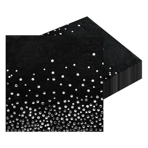 Produktbild: Servietten, 50 Stück Schwarz mit Gepunktete Silber Goldfolie Party Servietten 3-lagig Papier Servierten, Cocktail Serviette 33 x 33cm Papierservietten