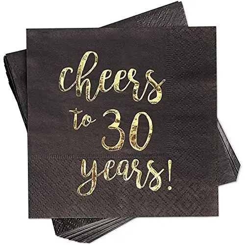 Produktbild: Servietten Cheers to 30 Years, 50 Stück, Cocktailservietten, 3-Lagig, Schwarz, Goldfolien-Aufschrift, 25,4 x 25,4 cm Ungefaltet
