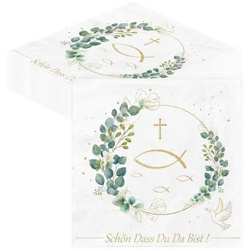 Produktbild: Servietten Kommunion Taufe Konfirmation Deko - 40Stück Buscando Fisch Servietten Taufe Schön Dass Du Da Bist Eukalyptus Grün Kommunion Konfirmation Tischdeko Papierservietten 33x33cm Einwegserviette