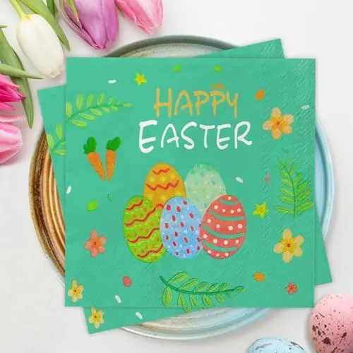 Produktbild: Servietten Ostern 40Stück, Tischdeko Ostern Party Osterservietten mit Ostereier Blumen Oster Karotte Frühling Happy Easter Papierservietten Ostern Tisch Dekoration Einweg Papierservietten
