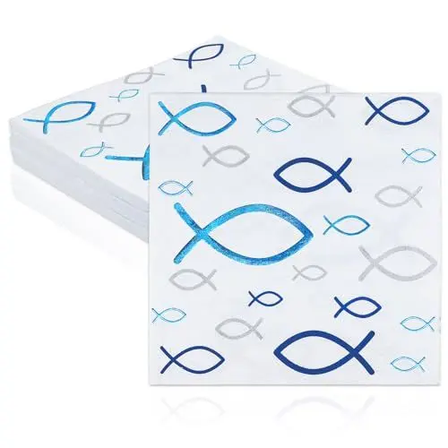 Produktbild: Servietten Taufe 20 Stück Fisch Blau Goldfolie Papierservietten Partygeschirr Weiß 33cm Party Serviette Taufe Dekoration für Kommunion, Konfirmation, Tischdeko