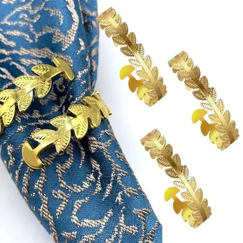 Produktbild: Serviettenringe 4 Stück Serviettenringe Gold Blätter Servietten Ring Elegante Serviettenschnallen Napkin Rings Metall Serviettenring für Tischdekoration Hochzeitsfeier Abendessen