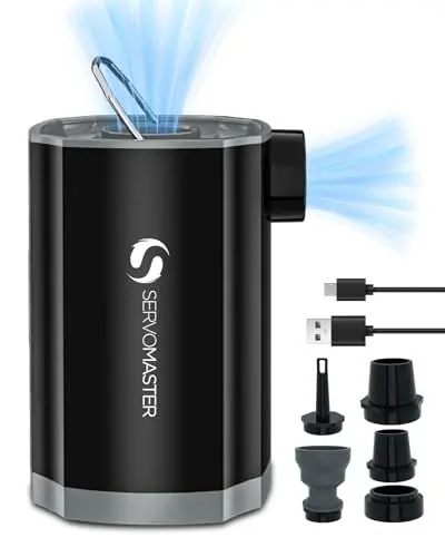 Produktbild: SERVOMASTER Elektrische Luftpumpe 2 in 1 Inflate/Deflate Akku Luftpumpe Mini Luftpumpe Elektrisch mit 5 Luftdüsen Schnell Inflator für Aufblasbare Matratze Boot Luftmatratze Pool Schwimmring