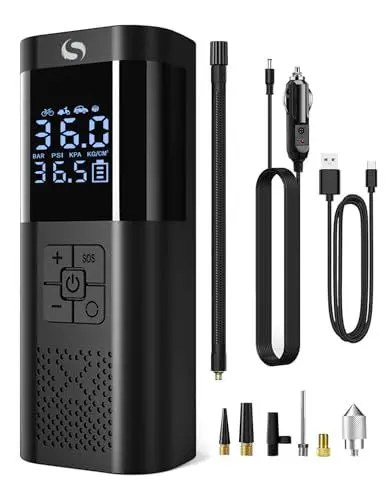Produktbild: SERVOMASTER Elektrische Luftpumpe,Tragbar Akku Kompressor mit Manometer, Fahrradpumpe Elektrisch 150PSI 12V DC, Auto Zubehör für Männer, Mini Luftpumpe Fahrrad mit LED für Auto Motorrad Fahrrad Kugel