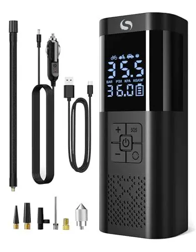 Produktbild: SERVOMASTER Elektrische Luftpumpe, Tragbar Mini Kompressor mit Manometer, Elektrische Luftpumpe Akku 150PSI 12V DC, Luftpumpe Fahrrad mit LED für Auto Motorrad Fahrrad Kugel