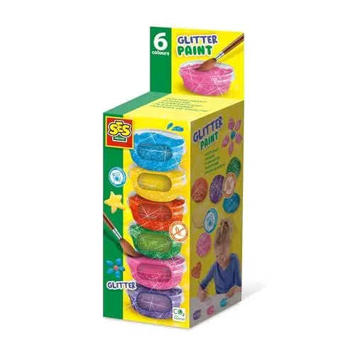 Produktbild: SES Creative | Waschbare Glitzerfarbe für Kinder | 6 Dosen 45ml Rosa Violett Gelb Blau | Manuelle Aktivität 3 Jahre + | Kreatives Malset | Künstlerische Geschenkidee für Kinder