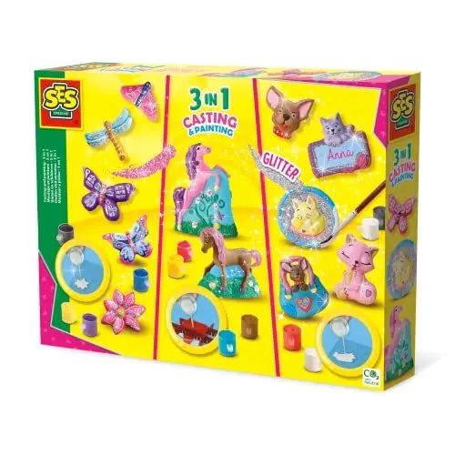 Produktbild: SES Creative 01288 Gips Gießen 3-in-1 Set - Blumen, Schmetterlinge und Katzen, Bastelset für Kinder, diverse Farben