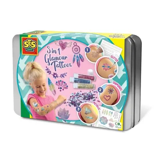 Produktbild: SES Creative 14155 3-in-1 Glamour Tattoos Vielseitiges Tattooset mit Metallic- und Glitzereffekten für Kinder