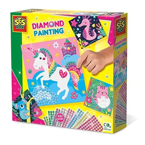 Produktbild: SES Creative 14701 Diamanten Mosaike Fröhliche Tiere, Glitzerndes Bastelset für Kinder, Diverse Farben