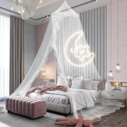 Produktbild: SESAMIS Baldachin Kinderzimmer, Betthimmel Babybett Kinderzimmer 4 Farben, Mit Spitzenbesatz, Hängende Rund Princess Insektennetz Moskitonetz, Für Kinderzimmer und Spielzimmer Dekoration (Weiß)