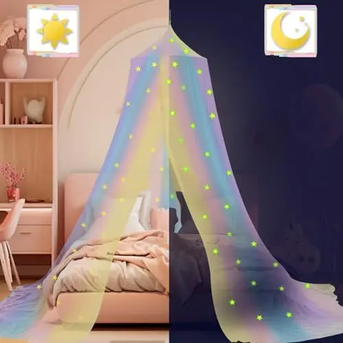 Produktbild: SESAMIS Kinderzimmer Baldachin für Mädchen - Katzenmuster Kinderbett Himmel für Hausbett und Einzelbett - Traumhafte Schlafzimmer Dekoration für Kinderzimmer (Art Deco, Regenbogen)