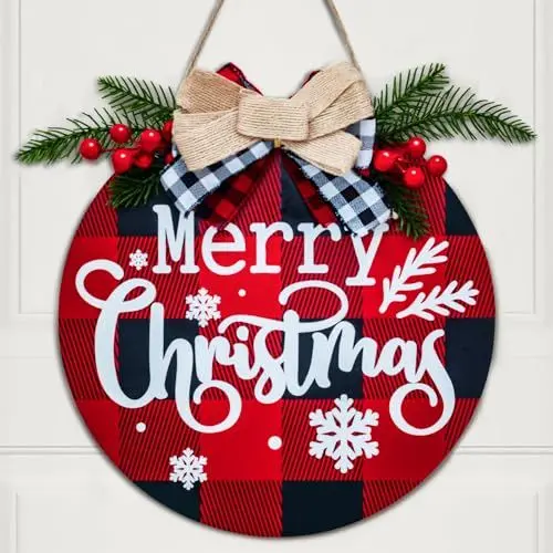 Produktbild: SESAMIS Weihnachtskranz Hängedeko 30 x 30 cm türkranz Weihnachten Holz zum Aufhängen Auflistung, Kamin, Tür, weihnachtliche Karierte Schleife, Winterdekoration(rotes und schwarzes Karomuster)