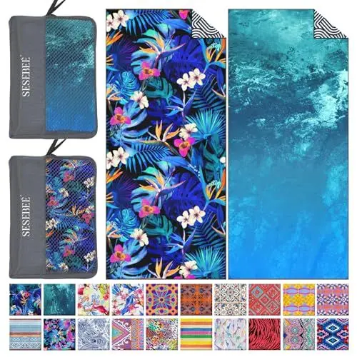 Produktbild: SeseBee Strandtücher aus 100% Baumwolle, 2er-Pack, 80 x 180 cm, Poolhandtücher im Bohemian-Stil für Damen und Herren, wasserabsorbierende und schnell trocknende Handtücher (Blauer Strand)