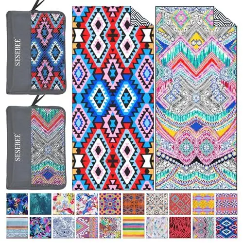 Produktbild: SeseBee Strandtücher aus 100% Baumwolle, 2er-Pack, 80 x 180 cm, Poolhandtücher im Bohemian-Stil für Damen und Herren, wasserabsorbierende und schnell trocknende Handtücher (Bunter Diamant)