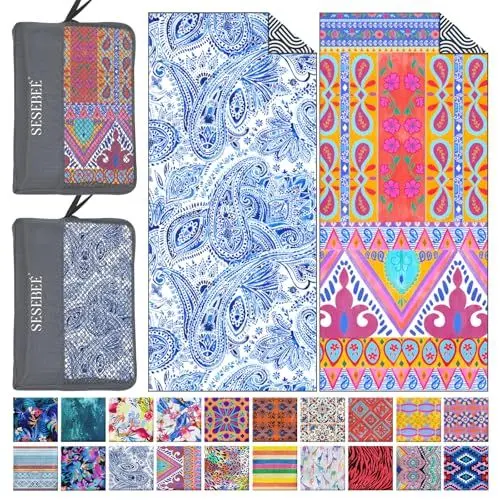 Produktbild: SeseBee Strandtücher aus 100% Baumwolle, 2er-Pack, 80 x 180 cm, Poolhandtücher im Bohemian-Stil für Damen und Herren, wasserabsorbierende und schnell trocknende Handtücher (Leopardenblume)