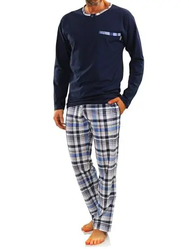 Produktbild: sesto senso Herren Schlafanzug Lang Pyjama 100% Baumwolle Langarm Shirt mit Tasche Pyjamahose Zweiteilig Set Nachtwäsche Dunkelblau Blau Kariert XL Jasiek 2188/17