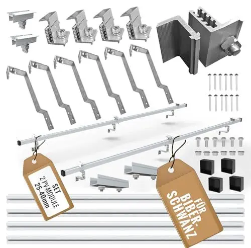 Produktbild: SET 2x PV-Module, PV, Photovoltaik, BIBERSCHWANZDACH, Aufständerung, Dachhalterung, Befestigung, Halter, Halterung, Solar, Solarmodul, Solarpanel, PV Halter, Ziegeldach, 25-40mm, 0%