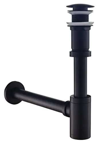 Produktbild: SET - Design Siphon mit Ablaufgarnitur ohne Überlauf für Waschbecken Schwarz Matt – Keymark Universal Siphon und Ablaufventil Bad – Messing Syphon Sifon Pop Up Abflussgarnitur Abfluss Waschtisch