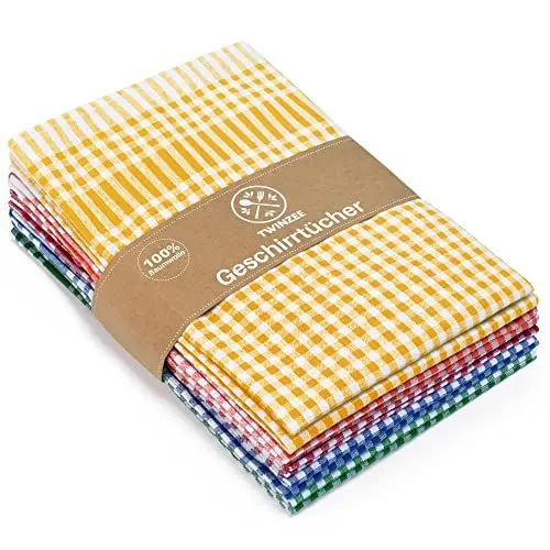 Produktbild: Set 5 Karierter Geschirrtücher Baumwolle Twinzee - 100% Baumwolle Oeko-TEX - 67 x 47 cm - Retro Chic Stil Küchentücher - Küchenhandtücher, Spül- & Geschirrtücher - Blau, Rot, Grün, Orange, Gelb