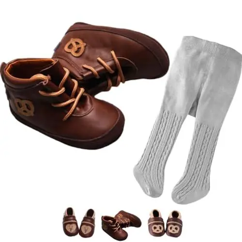Produktbild: Set: Dunkelbraune Baby Lederschuhe mit Brezel Applikation und hellgraue Strumpfhosen mit Zopfmuster Gr. 20/21 passend zu Baby Trachten und Lederhosen.