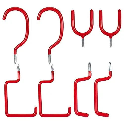 Produktbild: Set Mit 8 Fahrrad Lagerung Haken, Wandhaken Edelstahl PVC-beschichtet Schraubhaken, Garagenhaken, Stahl Strapazierfähige Doppelhaken, Universal Haken Sortiment Für Leitern, Geräteschuppen(Rot)